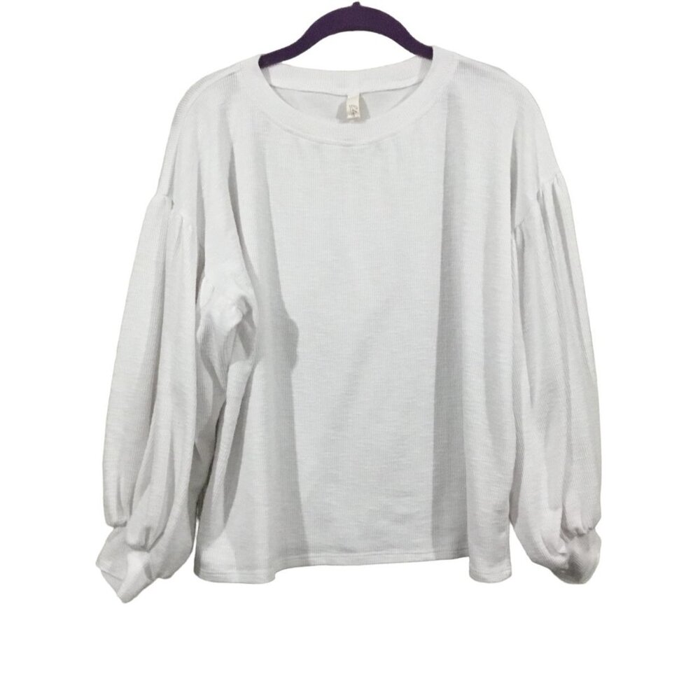Elan Crisp White Rib Knit Big Puff Balloon Sleeve Crew Neck Pullover Shirt M/M